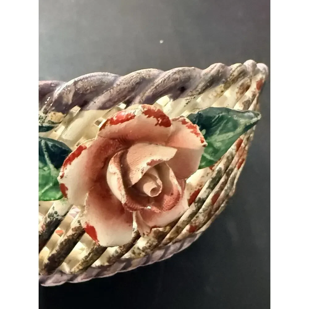 Vintage Spain HandPainted Openwork Pottery Basket Floral Rose Bowl Cottage Decor